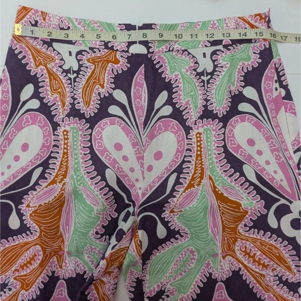 Zara Linen Blend Multicolor Wide Leg Long Pants High Rise 70s Hippie Boho Tall L